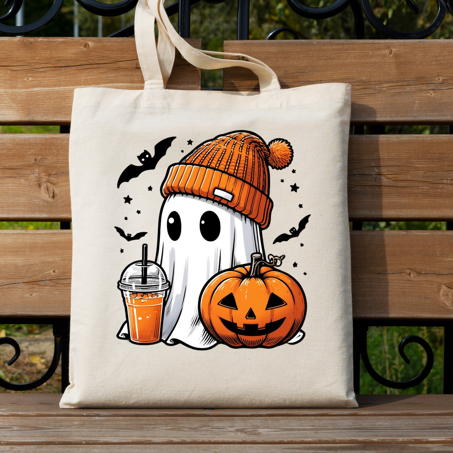 Cute Ghost Coffee Pumpkin Halloween Tote Bag